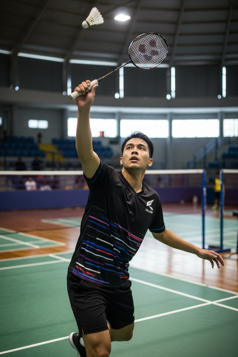 Player wearing Falcon Speed Stripe t-shirt during badminton match